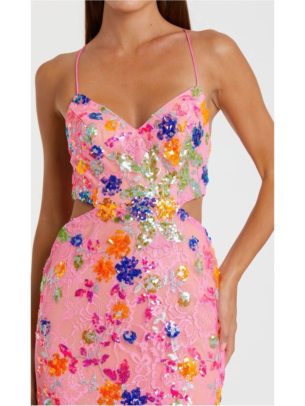 Mac Duggal Pink Floral Sequin Backless Lace-Up Evening Gown Maxi Beaded Dress 6 - Picture 9 of 12